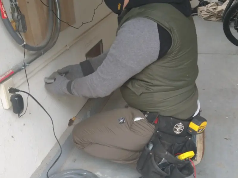 Electrician performing outlet wiring in a Marana garage